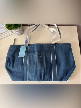Draper James Chambray Navy Tote with White Trim